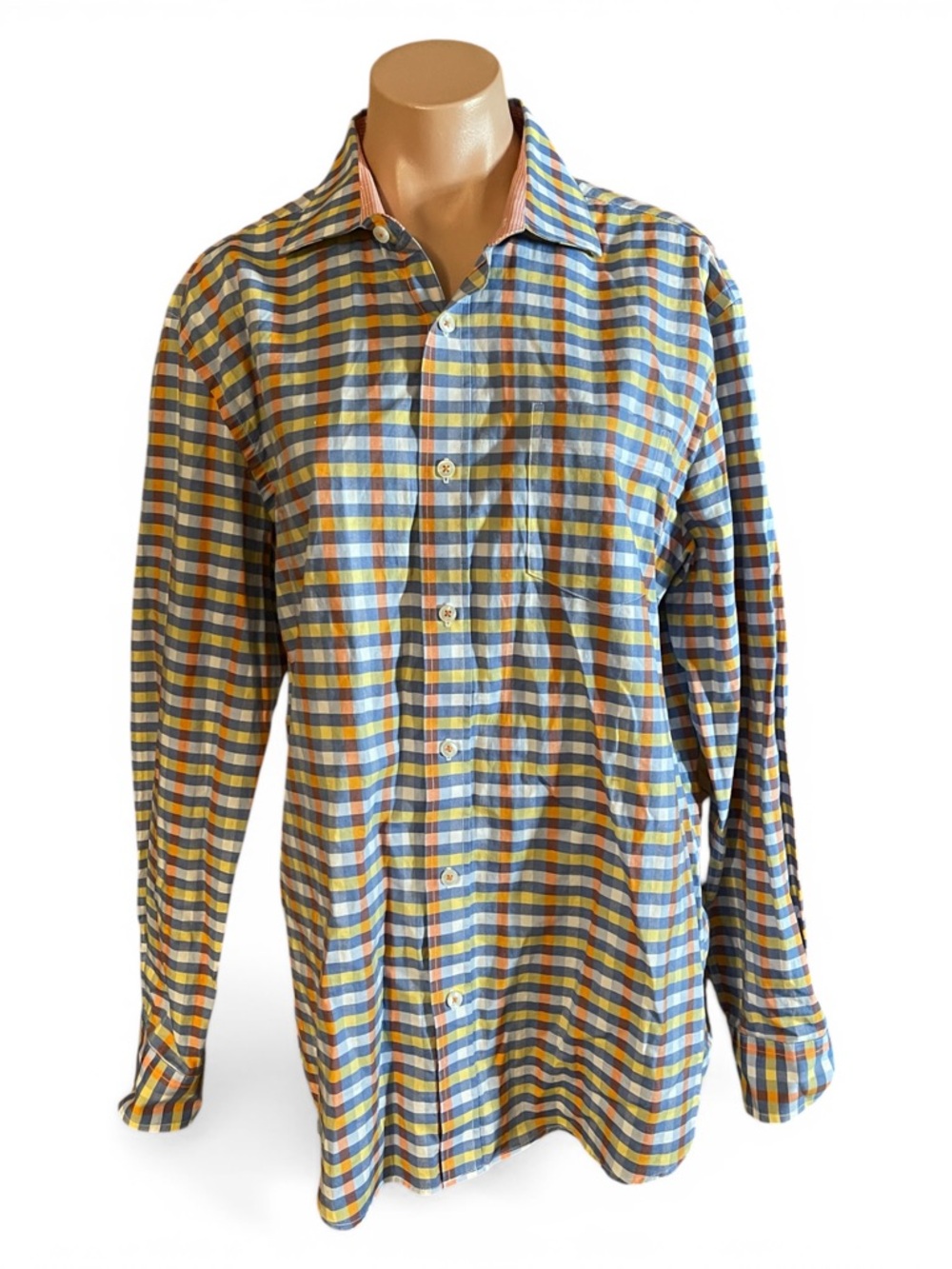 Charleston Threads Men's Medium Plaid Button Down Long Sleeve Shirt Blue Orange